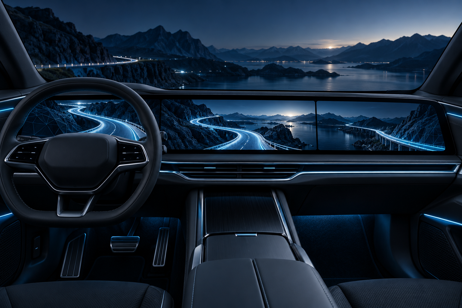 Conceptual NOAH cockpit showing a coordinated three-dimensional scene across displays